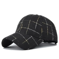 Detail of black plaid baseball cap with gold and silver metallic thread texture - Plaid Tweed Style / Black