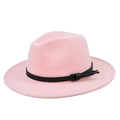 Dettaglio della corona del cappello fedora in lana rosa con cinturino in pelle nera e tesa larga - M(56-58cm) / Rosa