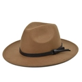 Cappello fedora classico in feltro di lana cammello con cinturino in pelle nera su sfondo bianco - M(56-58cm) / Cammello