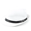 Dettaglio cappello fedora bianco con fascia in pelle nera e fibbia metallica argento - Bianco