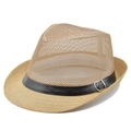 Cappello fedora di paglia alla moda con cinturino in pelle e corona a maglia aperta - Cachi