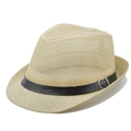 Close-up of breathable mesh straw fedora with black faux leather belt and metal buckle - Yellow