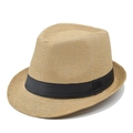 Classic straw fedora hat with black ribbon band and breathable weave for beach sun protection - Adjustable / Khaki