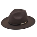 Detail of dark brown wool fedora with a black leather band and gold metal buckle - M (56-58cm) / Jazz Fedora Hat / Coffee