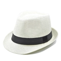 Detailed close-up of woven paper straw texture and black ribbon on a white jazz fedora hat - Creamy White (BS202-7)