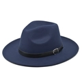 Chapeau fedora en laine bleu marine à bord large avec ceinture noire et boucle - M / Bleu marine