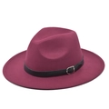 Detailed view of burgundy fedora hat with smooth wool felt texture and black belt strap buckle - M (56-58cm) / Burgundy