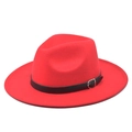 Detail of red wide-brimmed fedora hat featuring a black leather band and silver buckle - M (56-58cm) / Red