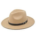 Detail view of camel wool fedora hat featuring a black leather band with silver metal buckle - M (56-58cm) / Khaki
