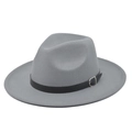 Close-up of light gray wool fedora with black leather belt and silver metal buckle - M (56-58cm) / Gray