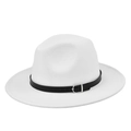 Close-up of white wool fedora hat featuring a black leather band with a silver buckle - M (56-58cm) / White