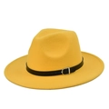Detail view of ginger yellow wool felt fedora with black leather belt and silver buckle - M (56-58cm) / Yellow