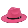 Detail view of hot pink wool fedora hat with flat brim and black leather belt buckle - M (56-58cm) / Rose Red