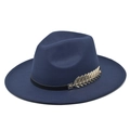 Close-up of navy wool fedora featuring a gold leaf accessory on the black band - M (56-58cm) / Navy Blue