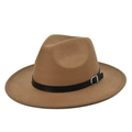 Detail of camel wool fedora with flat brim and black faux leather belt with metal buckle - M (56-58cm) / Camel