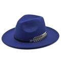 Classic royal blue wool fedora hat with flat wide brim and gold leaf buckle detail - M (56-58cm) / Sapphire Blue