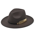 Dark brown wool wide brim jazz fedora hat with a golden metal leaf accessory detail - M (56-58cm) / Coffee