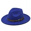 Detailed view of navy blue wool fedora hat with leopard print band and metal buckle - M(56-58cm) / Dark Blue