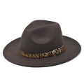 Classic dark brown wool fedora hat with a stylish leopard print band and metal buckle - M(56-58cm) / Coffee