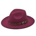 Detailed view of burgundy wool fedora featuring a leopard print band and silver buckle - M(56-58cm) / Burgundy