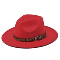 Close-up of red felt fedora with a leopard print band and metallic silver buckle - M(56-58cm) / Red
