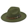 Detail of dark green wool fedora with animal print band and silver metal buckle - M(56-58cm) / Green