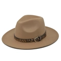 Close-up of leopard print band and silver metal buckle on camel wool fedora hat - M(56-58cm) / Khaki