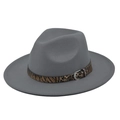 Macro detail of dark grey fedora hat with leopard print band and silver metal buckle - M(56-58cm) / Gray