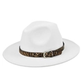 Detail of white fedora hat featuring a leopard print band and silver metal buckle closure - M(56-58cm) / White