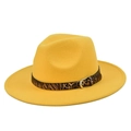 Detail of yellow wool fedora hat featuring leopard print band and silver metal buckle - M(56-58cm) / Yellow