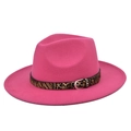 Detailed macro view of the fuchsia fedora hat featuring leopard print belt with silver buckle - M(56-58cm) / Rose Red