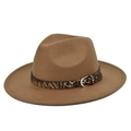 Classic brown fedora wool hat with leopard print band and silver metal buckle accent - M(56-58cm) / Camel