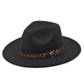 Classic black wool fedora hat with leopard print leather band and metal buckle - M(56-58cm) / Black