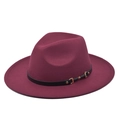 Close-up of wine red fedora hat with wide brim, black leather band, and gold buckle detail - M (56-58cm) / Wine Red (BF107-5)