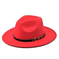Detailed macro view of a red fedora wool hat featuring a black band with gold buckle - M (56-58cm) / Red (BF107-6)
