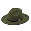 Detail of wool fedora hat with black leather band and gold metal buckle hardware - M (56-58cm) / Green (BF107-7)