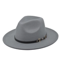 Detail of dark grey fedora wool hat featuring black leather band and gold metal buckle - M (56-58cm) / Grey (BF107-9)