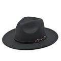 Détail de chapeau fedora noir en laine avec ruban en cuir et boucle dorée élégante - M(56-58cm) / Noir