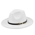 Detail of white wool fedora hat featuring a black leather band and gold metal horsebit buckle - M (56-58cm) / White (BF107-10)
