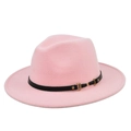 Detailed view of light pink fedora hat with black leather band and gold buckle detail - M (56-58cm) / Pink (BF107-11)