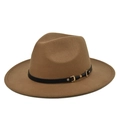 Detail of wool fedora hat with camel fabric texture, black leather band and gold buckle - M (56-58cm) / Camel (BF107-14)