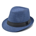 Classic blue woven straw jazz hat for women with a black ribbon band and fedora style - Adjustable / Navy Blue