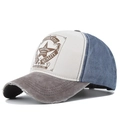 Detailed close-up of retro baseball cap with five-star shield print and distressed brim - Adjustable / Coffee