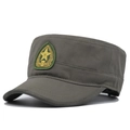 Detailed close-up of golden five-point star embroidery on a green cotton military flat top cap - Adjustable / Army Green