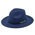 Elegant navy blue wide brim wool fedora hat featuring a black leather belt with metal buckle - M (56-58cm) / Jazz Fedora Hat / Navy Blue
