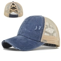 Detail of high ponytail hole design on vintage washed denim mesh baseball cap for women - Navy Blue