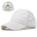 Close-up of distressed white ponytail cap featuring elastic criss-cross back and mesh panel - White