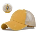 Senfgelbe Ponytail-Baseballkappe mit Distressed-Netzrücken und Pferdeschwanzloch - Verstellbar / Gelb