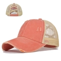 Distressed ponytail baseball cap in coral orange and mesh with elastic criss-cross back - Adjustable / Orange Red
