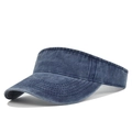 Detail of navy blue washed denim sun visor with reinforced stitching and curved brim - Adjustable / Navy Blue
